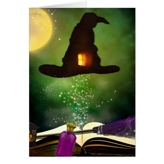 Magiskt Hat & Magic Spell Bok Whimsical Halloween OBS Kort (Framsidan)