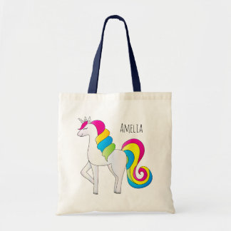 Magiskt Illustrated Cute Girl Rainbow Unicorn Namn Tygkasse