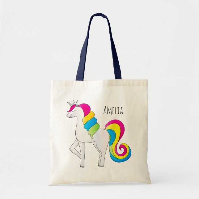 Magiskt Illustrated Cute Girl Rainbow Unicorn Namn Tygkasse (Framsidan)