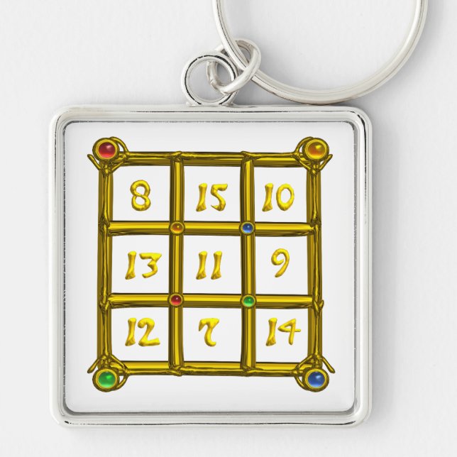 MAGISKT QUARE 33 , Vitt Fyrkantig Silverfärgad Nyckelring (Framsidan)