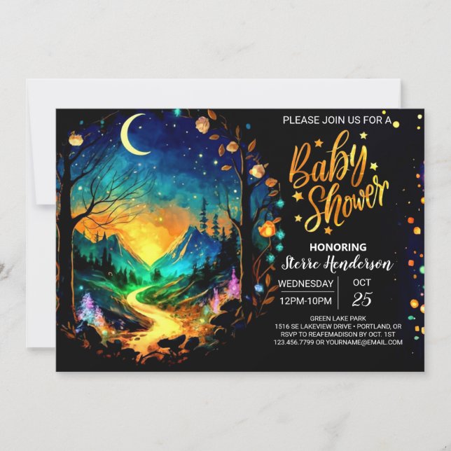 Magiskt timmerstödraster för Grove Baby Shower Inbjudningar (Framsida)