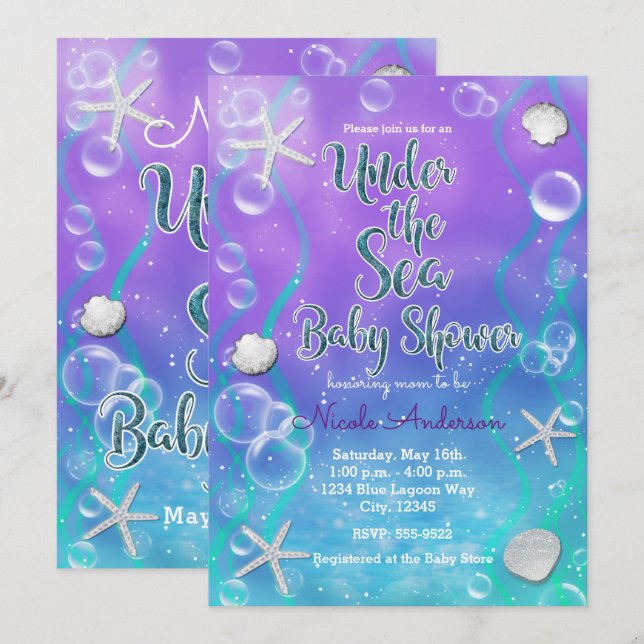 Magiskt under Sea Lila Teal Baby Shower Inbjudningar (Fram/baksida)