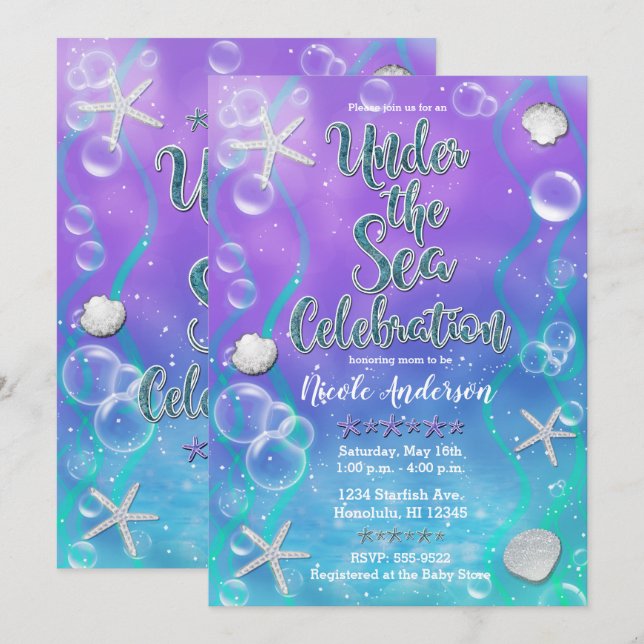 Magiskt under Sea Lila Teal Baby Shower Inbjudningar (Fram/baksida)