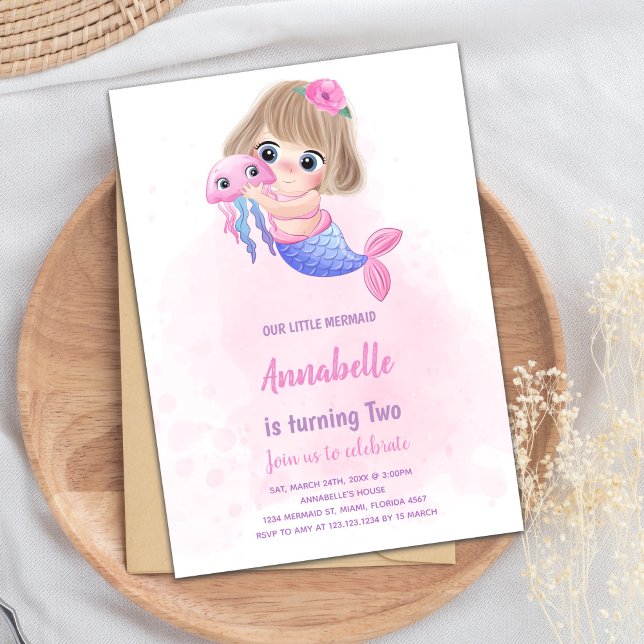 Magiskt under Sea Party för flickor Inbjudningar (Pink little Mermaid Invitations)