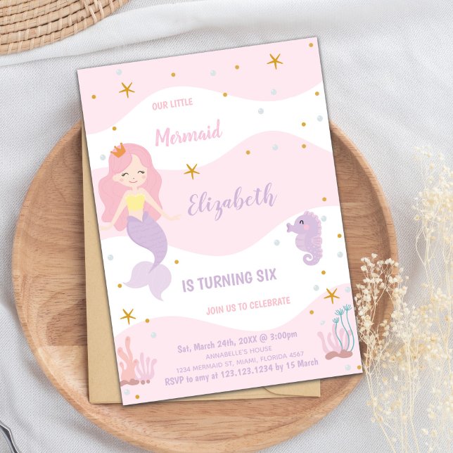 Magiskt under Sea Party för flickor Inbjudningar (Mermaid Pink Birthday Invitations)