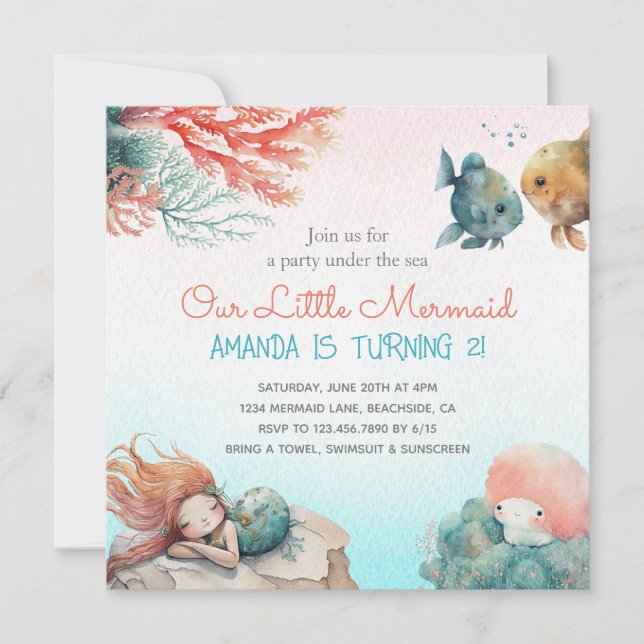 Magiskt under Sea Watercolor Girl Inbjudningar (Framsida)