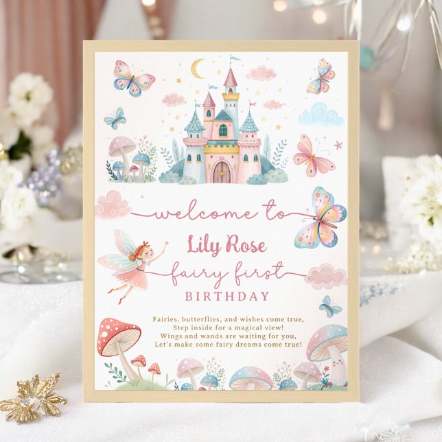 Magiskt välkomnande av vetemässigt älv 1:a födelse poster (Whimsical Fairy 1st Birthday Party Magical Welcome Poster)