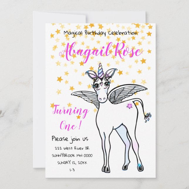 Magiskt vingat Unicorn med gyllene stjärnor Inbjudningar (Framsida)