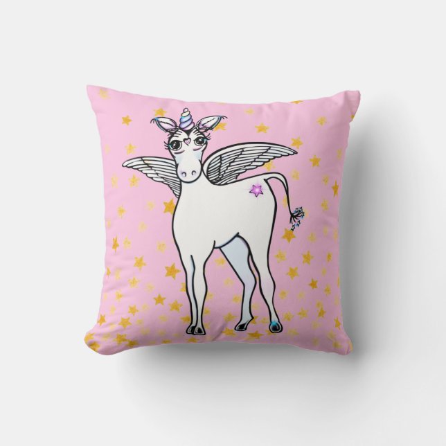 Magiskt vingat Unicorn med gyllene stjärnor Kudde (Framsida)
