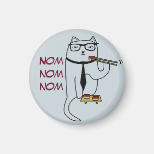 Magnet av en gullig katt i en tie som äter sushi