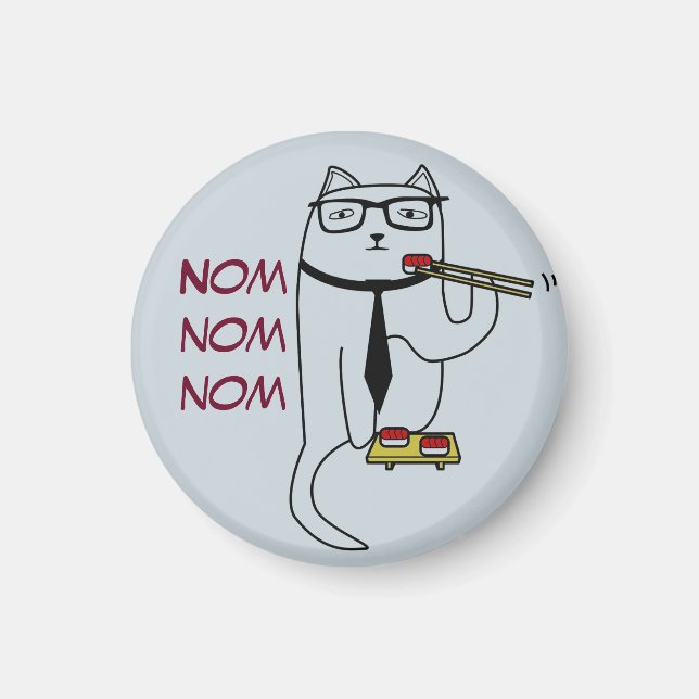 Magnet av en söt katt i en slit som äter sushi (Framsidan)