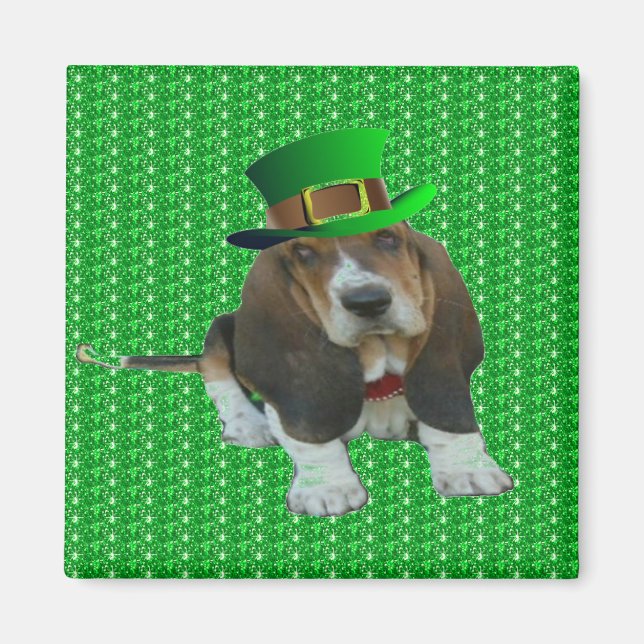 Magnet Basset Hound Lycklig St. Patrick's (Framsidan)