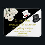 MAGNET Black & White Bröllop spara datum<br><div class="desc">Romantisk och unik budget för svartvit blommigt Spara datumet. Guld skrev för att släcka det och en svart top hat för mannen och en vit hatt för bruden att bli. "Ms. and Mr." fick en varsam märkning för att ändras när evenemanget närmar sig, naturligtvis. Om du vill ha designfrågor eller...</div>