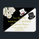 MAGNET Black & White Bröllop spara datum<br><div class="desc">Romantisk och unik budget för svartvit blommigt Spara datumet. Guld skrev för att släcka det och en svart top hat för mannen och en vit hatt för bruden att bli. "Ms. and Mr." fick en varsam märkning för att ändras när evenemanget närmar sig, naturligtvis. Om du vill ha designfrågor eller...</div>