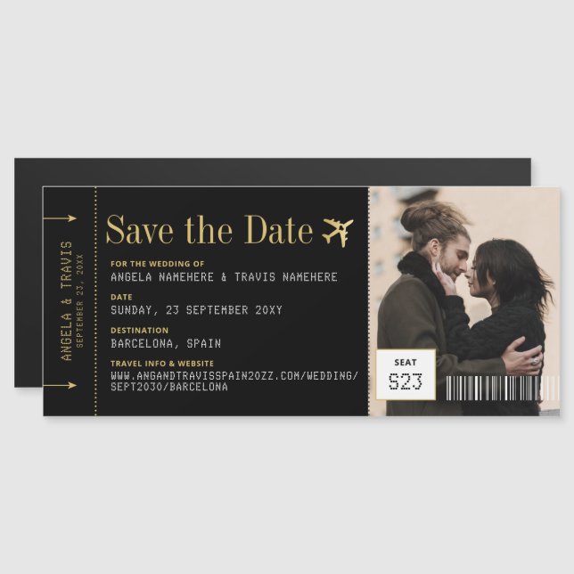 Magnet Boarding Pass Save Date Black Guld (Fram/baksida)