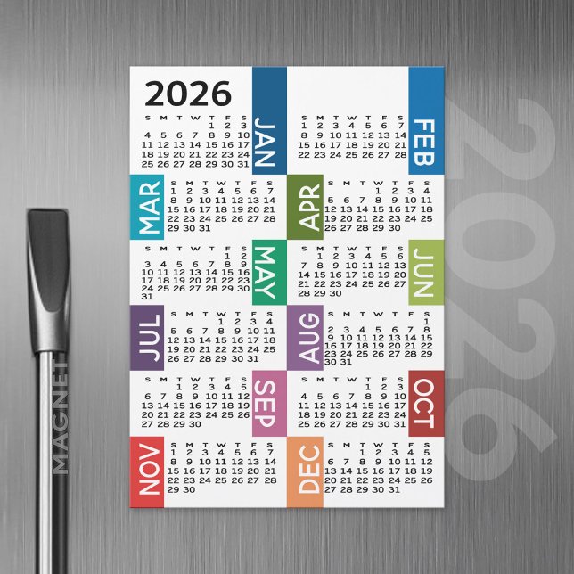 Magnet Calendar - 12 månaders funky färglösa månad (2026 Calendar with a Magnetic Back)