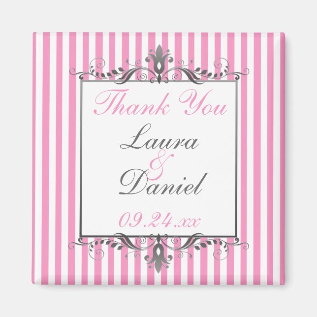 Magnet för bröllagspresent med rosa och vita rände (Framsidan)