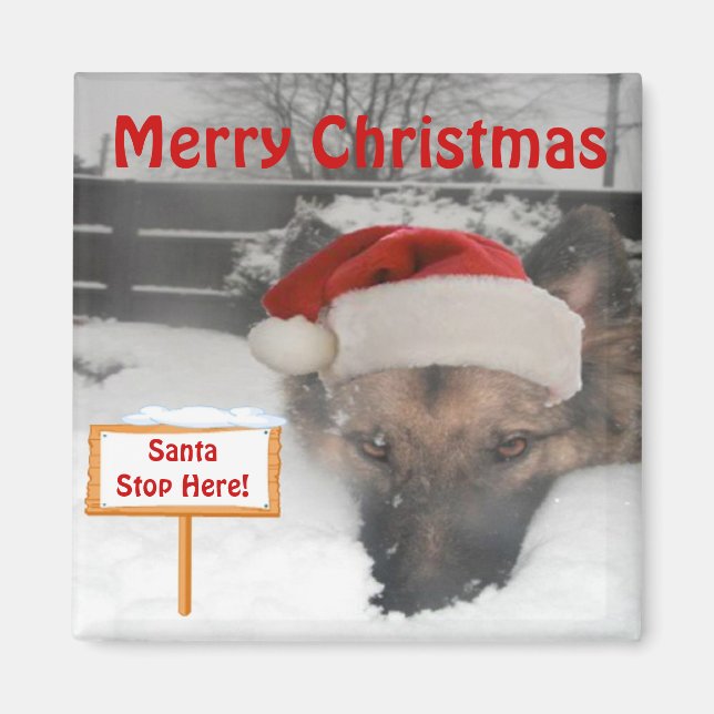 Magnet German Shepherd Santa Stop Stop here - sign (Framsidan)