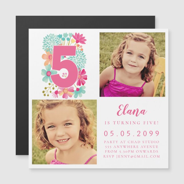 MAGNET Girls Rosa nummer 5, foto på 5:e födelsedag (Fram/baksida)