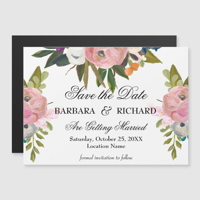 *MAGNET Handpainted Floral Wedding Save the Date  (Fram/baksida)