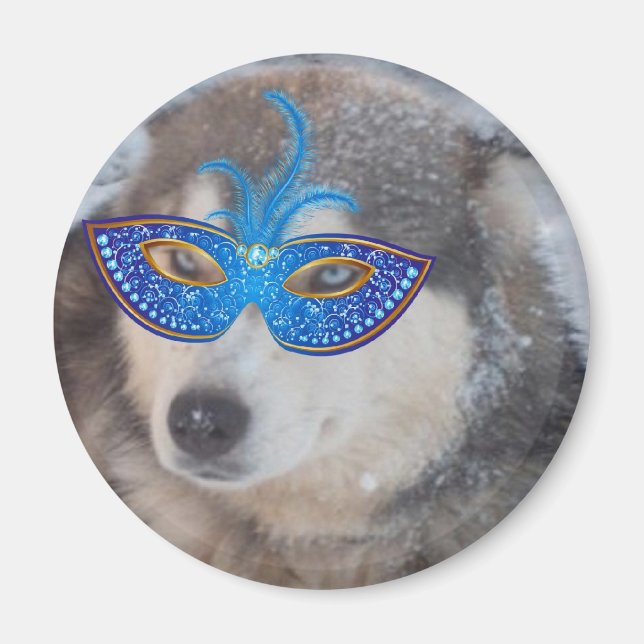 Magnet Husky Blue Ögon Mardi Gras Mask (Framsidan)
