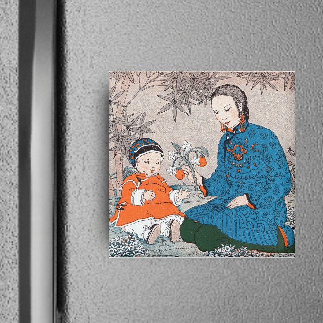Magnet Mor och Baby i Asien (Asian mother with baby sharing pretty orange and white flowers on square magnet.)