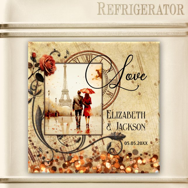 Magnet Music Photo Vintage bröllop-årsdagen (Magnet featuring your own photo (optional) framed by a vintage scrapbook design with a music theme)