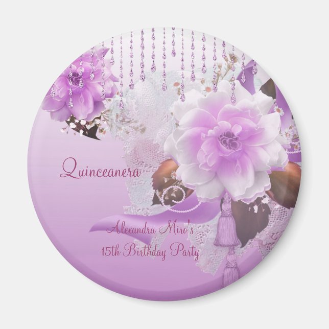 Magnet Quinceañera 15-års Lilac Rosa Blommig Vit (Framsidan)