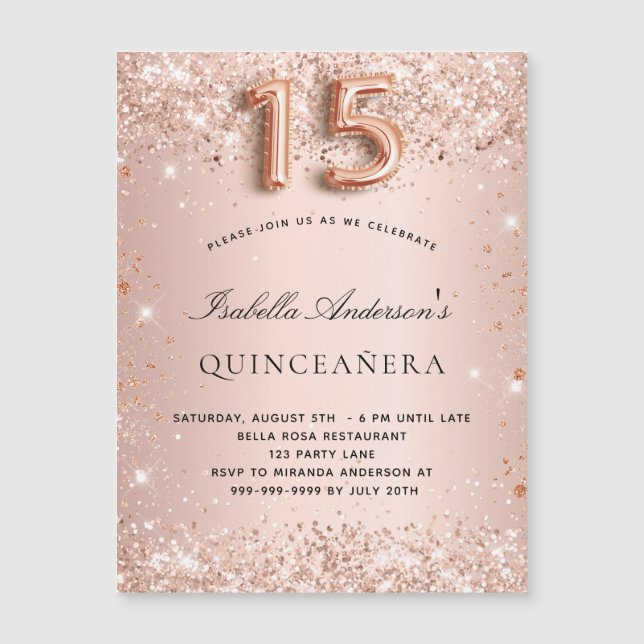 Magnet Quinceanera ro guld glitter (Framsida)