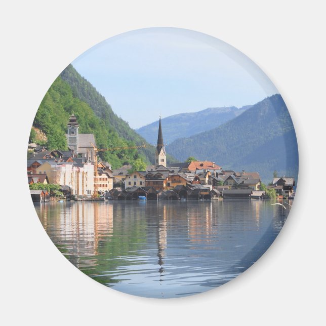 magnet som visar Hallstatt-staden och sjö, Österri (Framsidan)