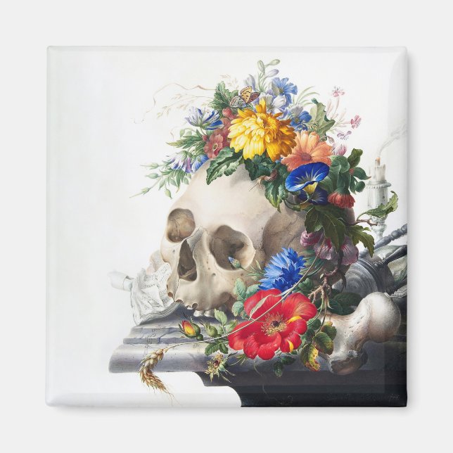 Magnet with skull and flowers scene. (Framsidan)