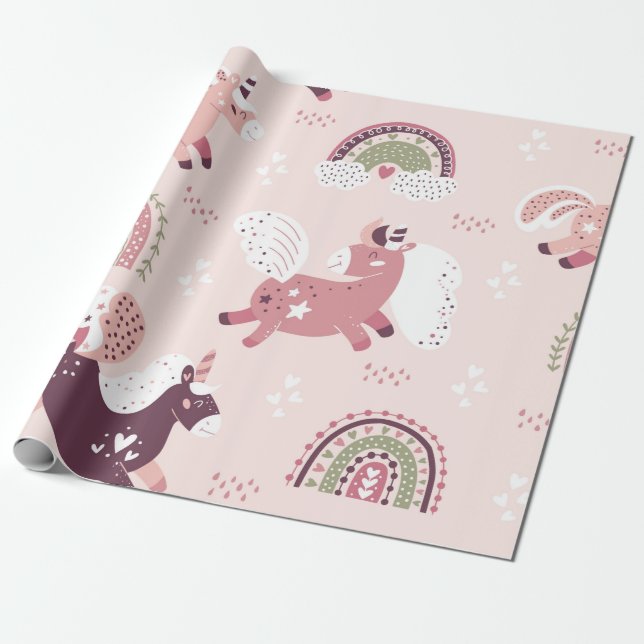 Magnetbakgrund med små unicorns och regnbågar presentpapper (Utrullad)