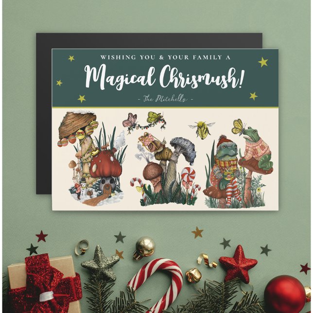 Magnetchampinjon för Cute Grönt Magnetic-julkort (Green magnetic mushroom christmas card with whimsical illustrations of mushrooms, frogs and snails)