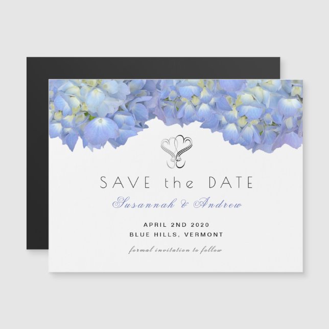 Magnetic Blue Måne Hydrangea Save Date Card Magnetisk Inbjudningskort (Fram/baksida)