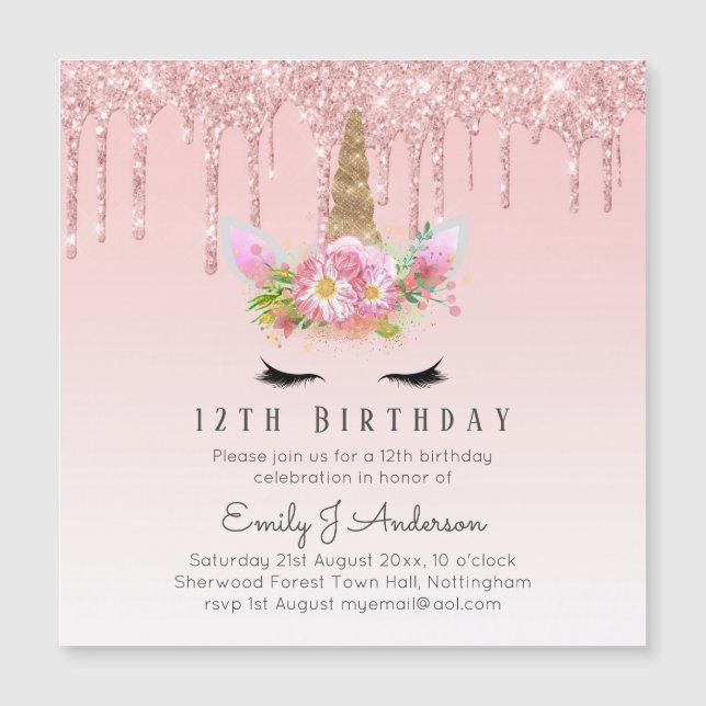 MAGNETIC Glitter Unicorn 12:e Birthday Rosa Guld (Framsida)