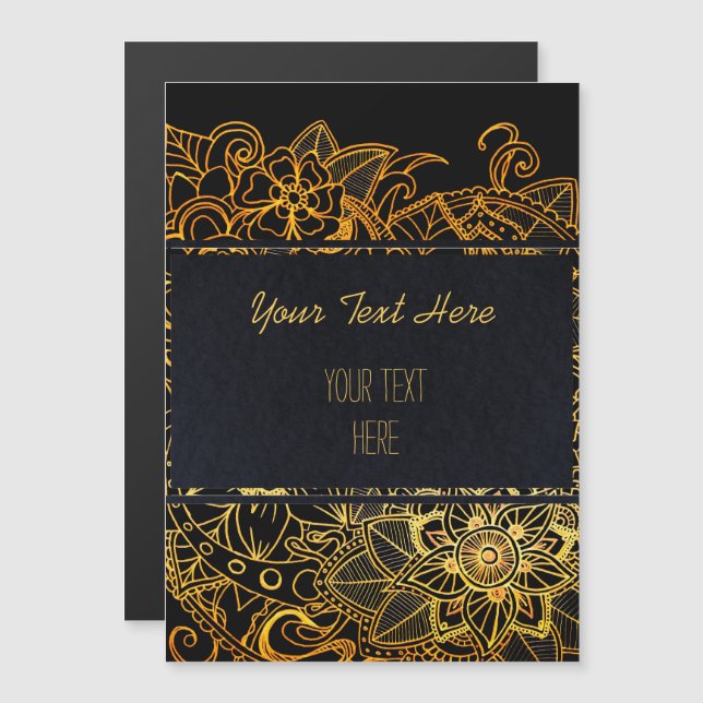 Magnetinbjudan Blommigt Doodle Guld G523 Magnetisk Inbjudningskort (Fram/baksida)