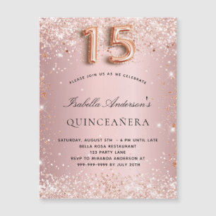 Magnetinbjudan till Quinceanera rosa ros guld
