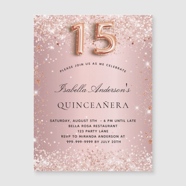 Magnetinbjudan till Quinceanera  rosa ros guld (Framsida)