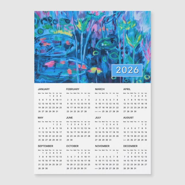 Magnetisk kalender för 2026 med blå Blommigt Abstr (Framsida)