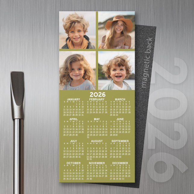 Magnetisk kalender med fotokollage - Oliv grönt (2026 Calendar Magnet for the Fridge or Home Office - Add a Photo for a Personal Touch)