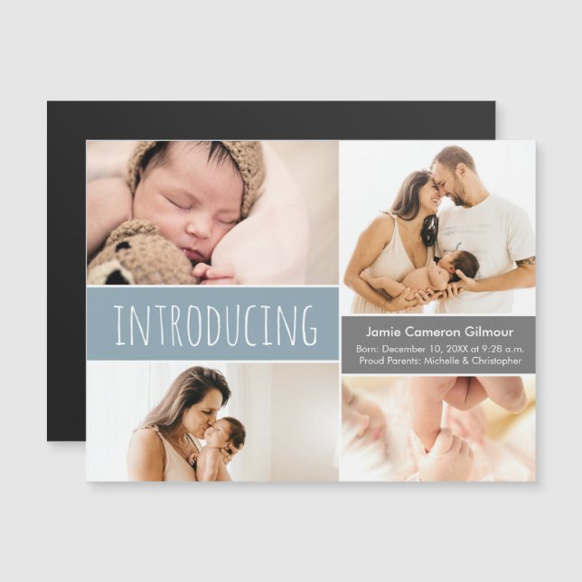 Magnetiskt fotokollage Introduktion till Blue Pojk Magnetisk Inbjudningskort (Fram/baksida)