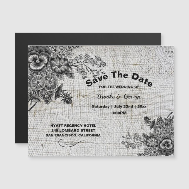 Magnetiskt Grått/svarta konstblommor sparar datume (Fram/baksida)