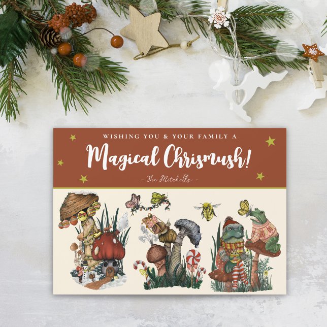 Magnetiskt julkort för Cute Red Magic Mushroom (Red magical mushroom christmas card with whimsical illustrations of mushrooms, frogs and snails)
