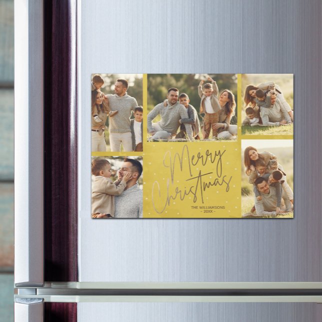 Magnetiskt kort för Gult av foton i guld God jul (Faux gold Merry Christmas 5 photo gold border magnetic Christmas cards)