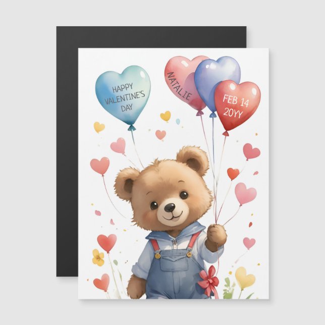 Magnetiskt kort för vattenfärg Nalle Valentines da (Fram/baksida)