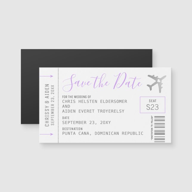 Magnetiskt Mini Boarding Pass Save Date Lilac (Fram/baksida)