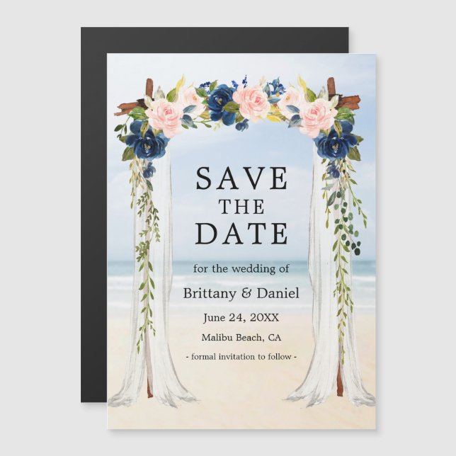 Magnetkort för bröllop Beach Rosa Blue Blommigt (Fram/baksida)
