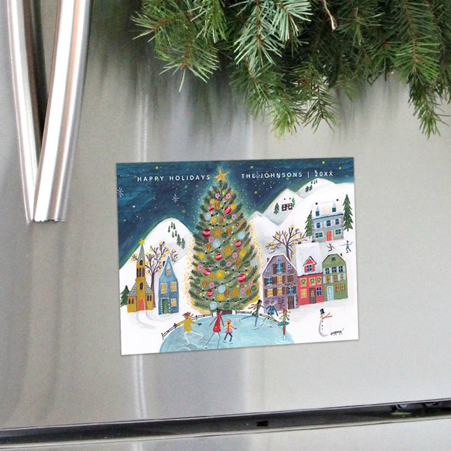 Magnetkort för Cute Winter House-byn jul (Cute Winter House Village Christmas Magnetic Card)