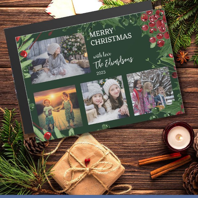 Magnetkort för fotokollage i god jul-familjen (Merry Christmas family photo collage magnetic card. Beautiful rustic unique Christmas card.)