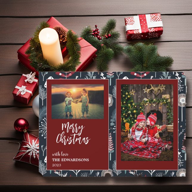 Magnetkort för foton i familjen god jul (Merry Christmas script, family photo collage Holiday card.)